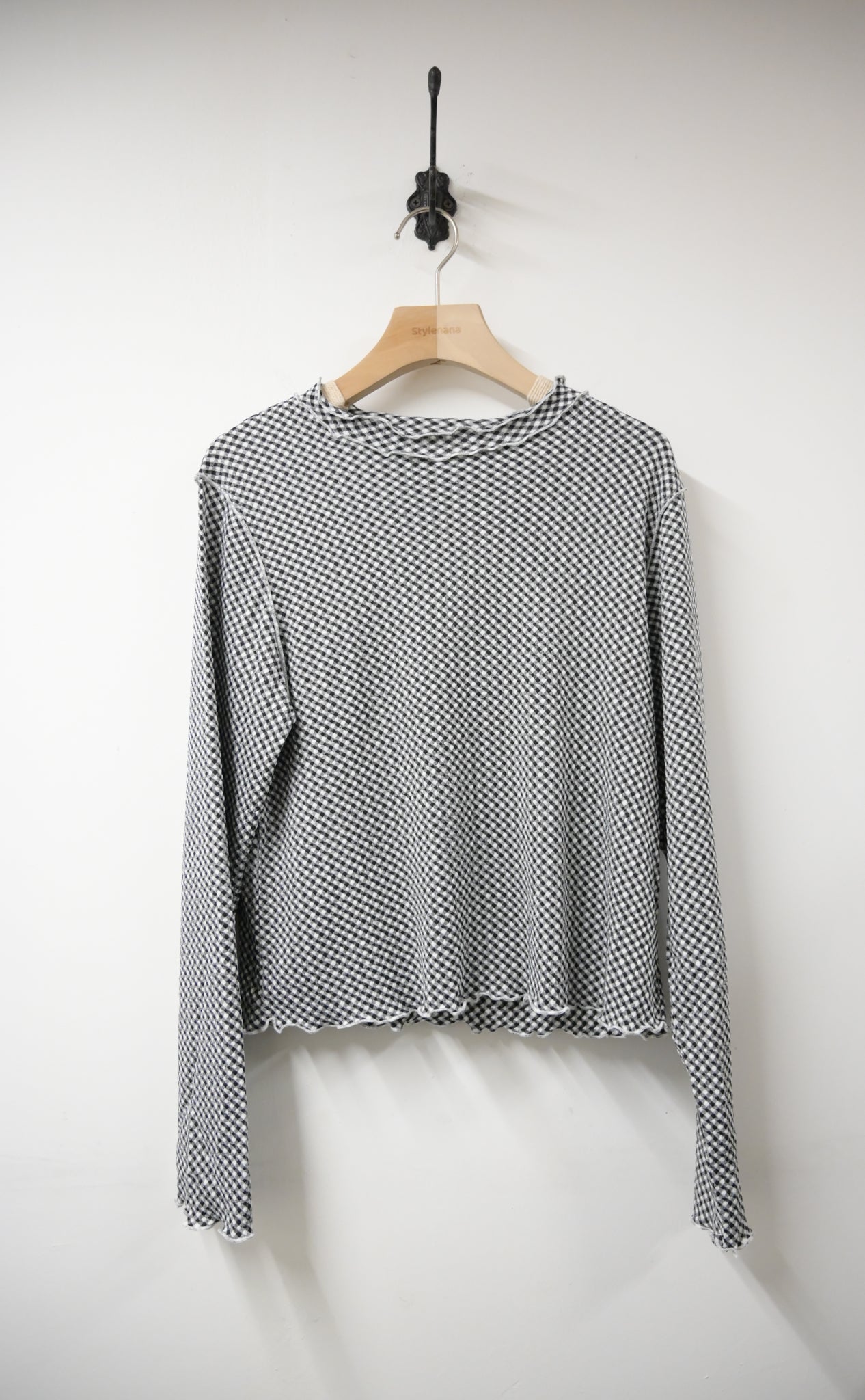 初秋・細格仔滑滑彈性木耳邊上衣 3色入 1W11021