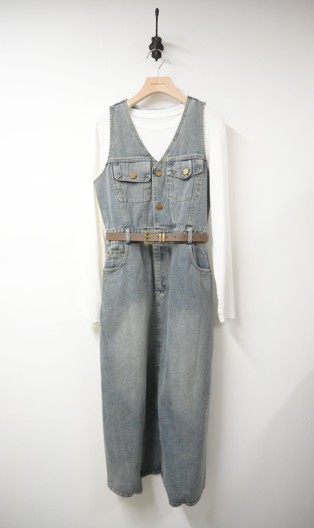 洗水牛仔背心裙連BELT及素色TEE 3件SET 2色入 W3112606
