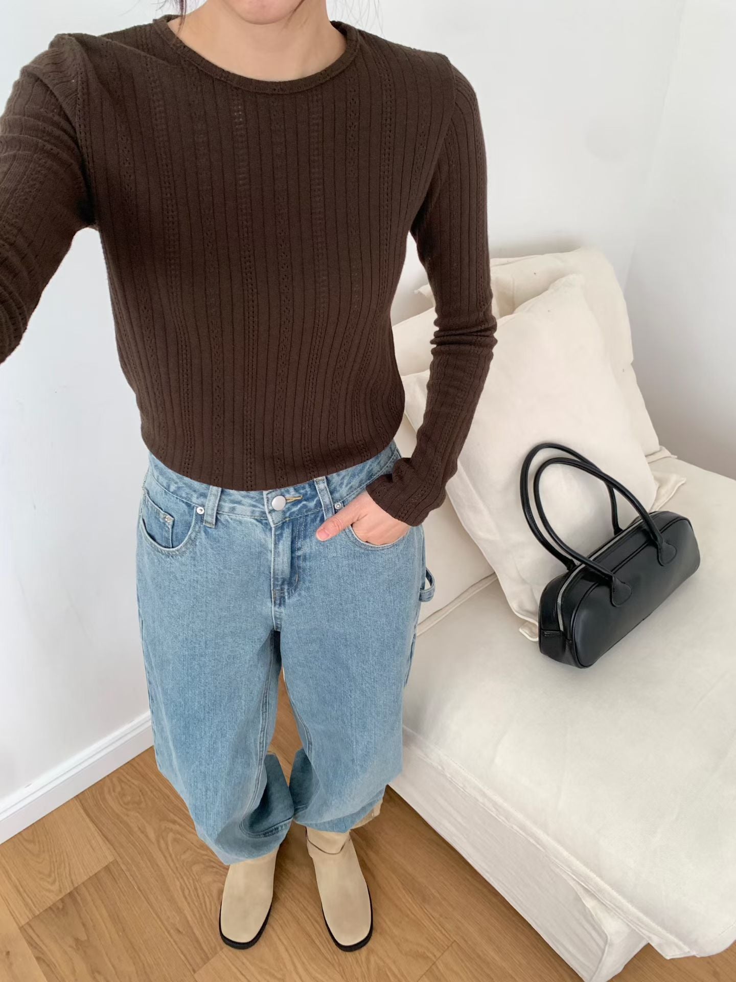 KR直送．提花暗織紋線衫長袖 2色入 1W91109