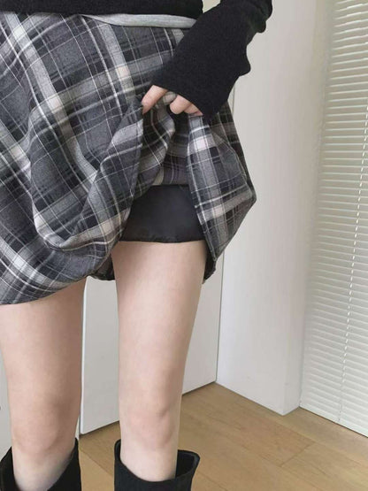 KR直送．半橡筋拉鏈格仔假裙褲 2色入 1W91114