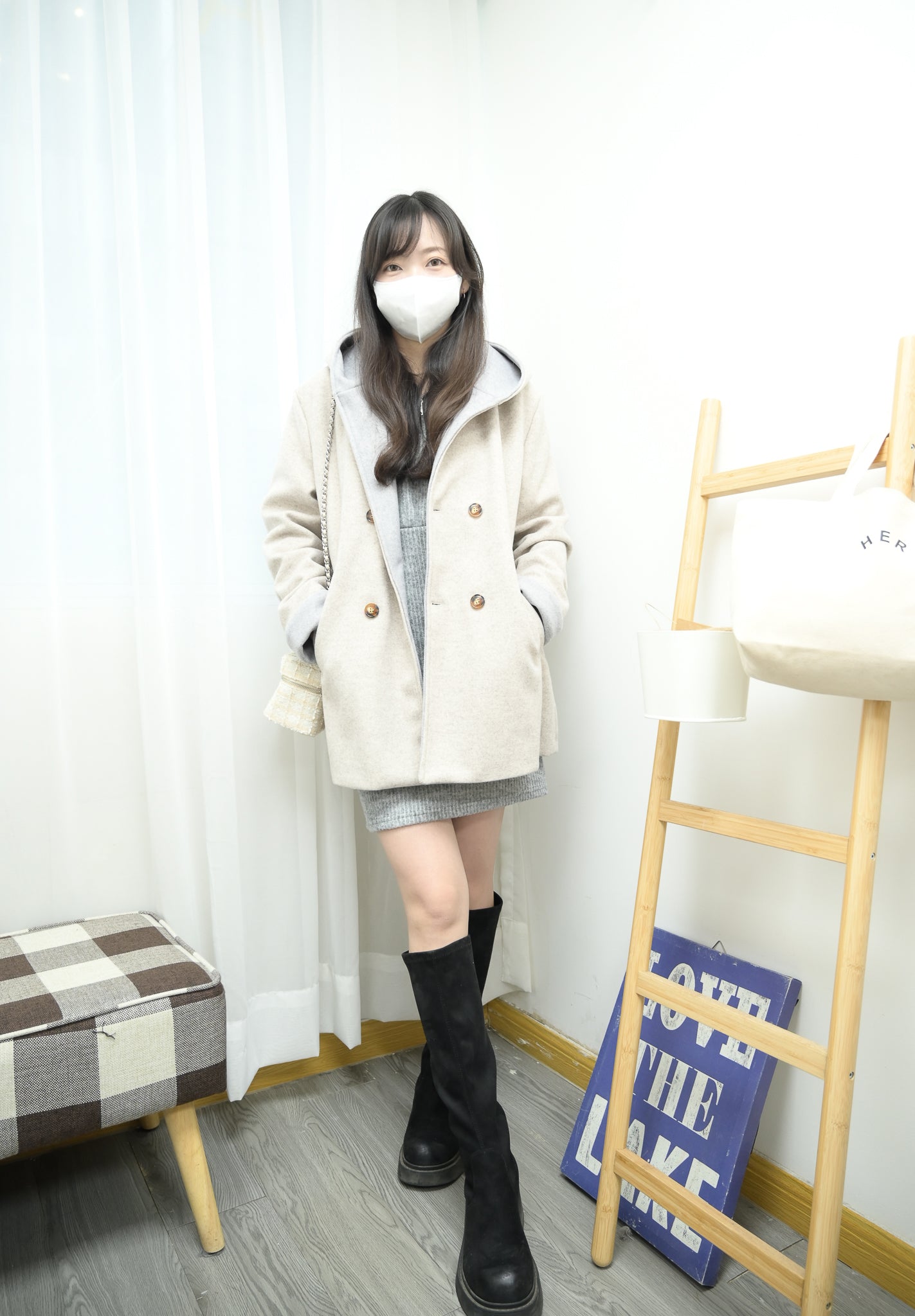 撞色反袖帶帽中長絨褸 1色入 1W61121