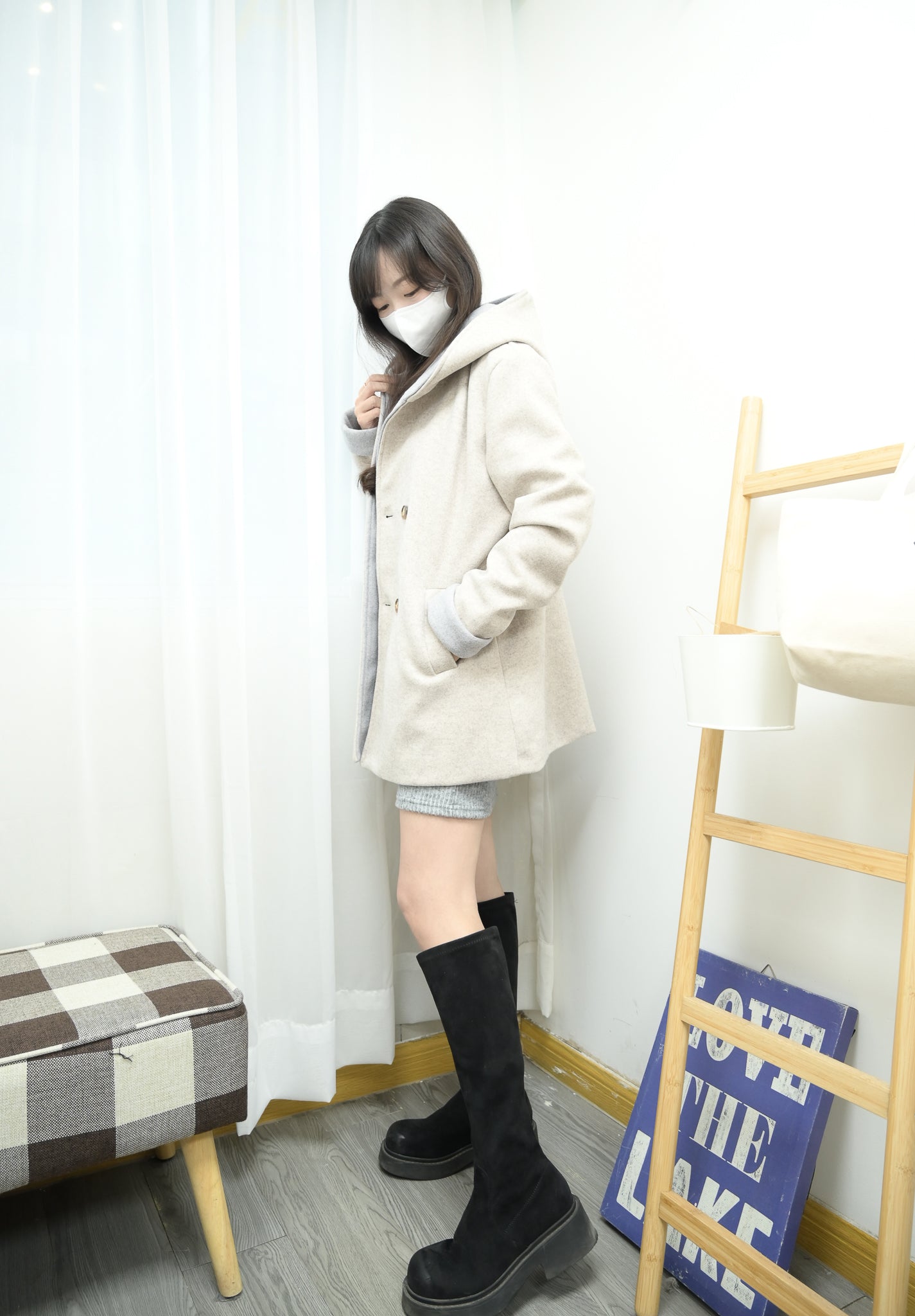 撞色反袖帶帽中長絨褸 1色入 1W61121