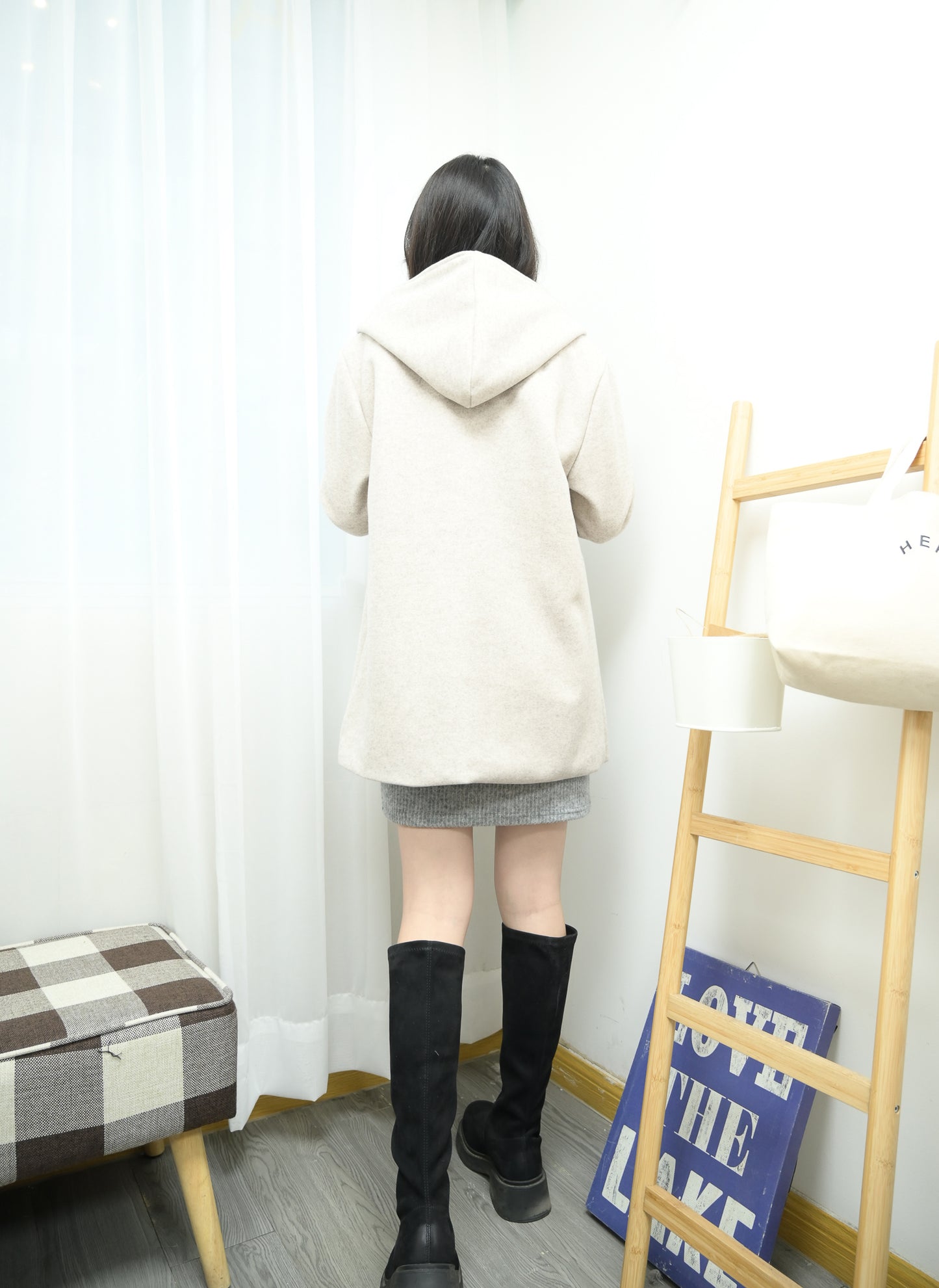 撞色反袖帶帽中長絨褸 1色入 1W61121