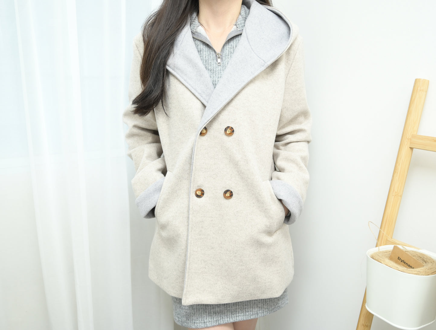 撞色反袖帶帽中長絨褸 1色入 1W61121