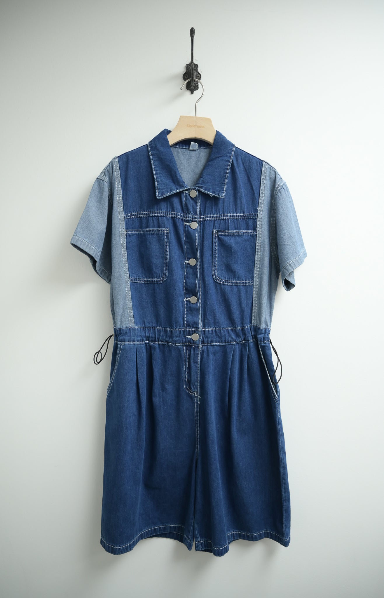 薄牛仔束腰拼色Jumpsuit 三色入