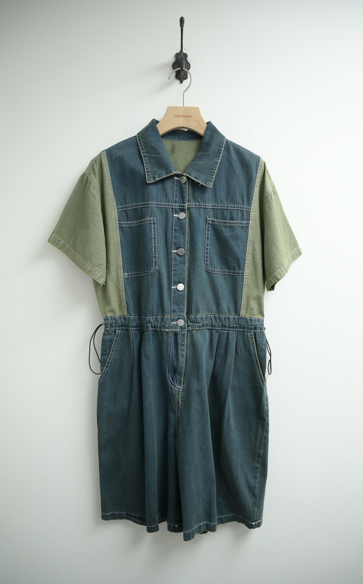 薄牛仔束腰拼色Jumpsuit 三色入