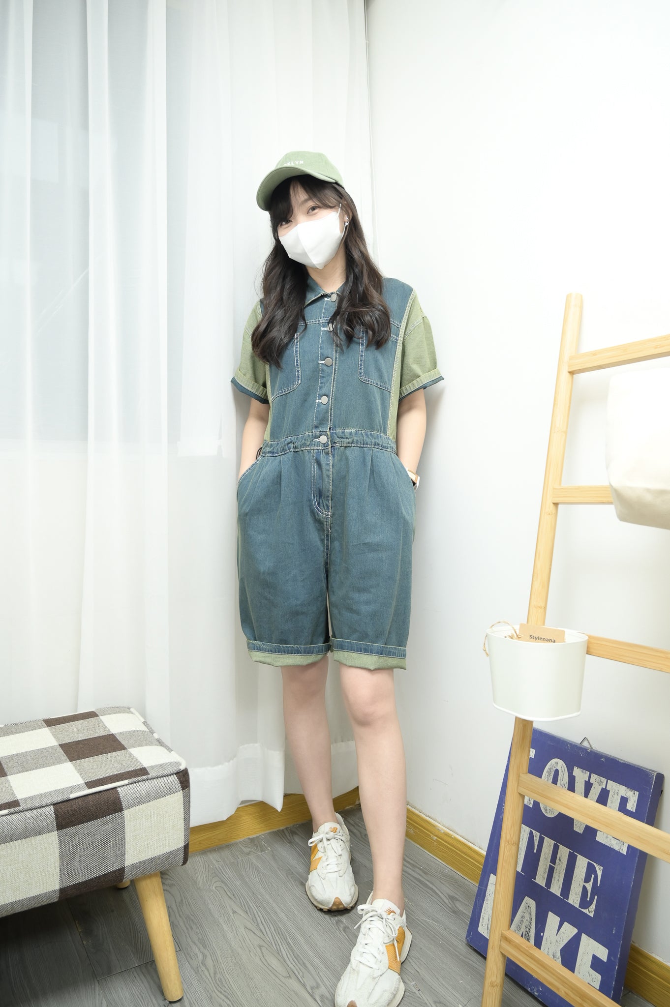 薄牛仔束腰拼色Jumpsuit 三色入