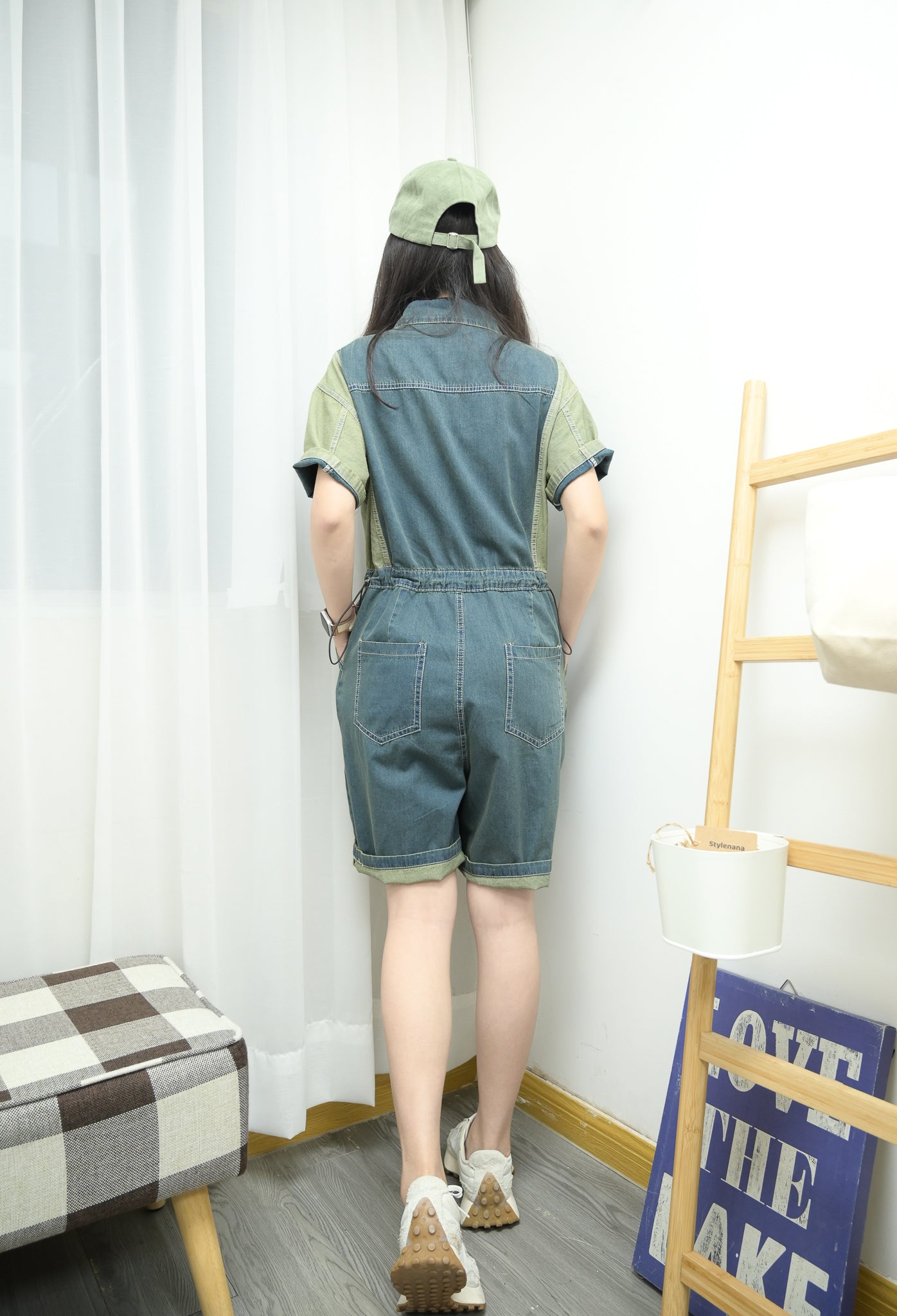 薄牛仔束腰拼色Jumpsuit 三色入