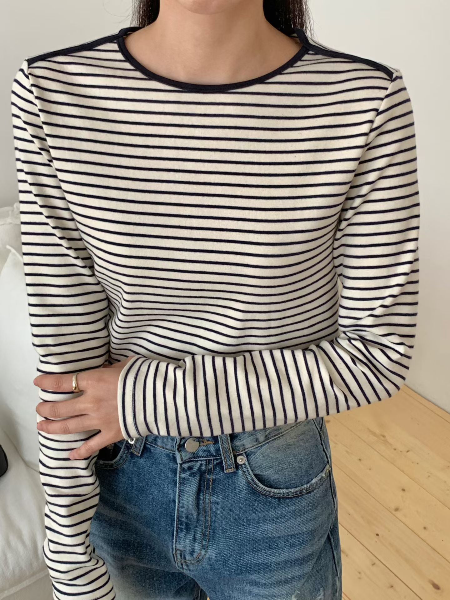 KR直送．包邊厚棉橫間長袖衫 2色入 1W91110