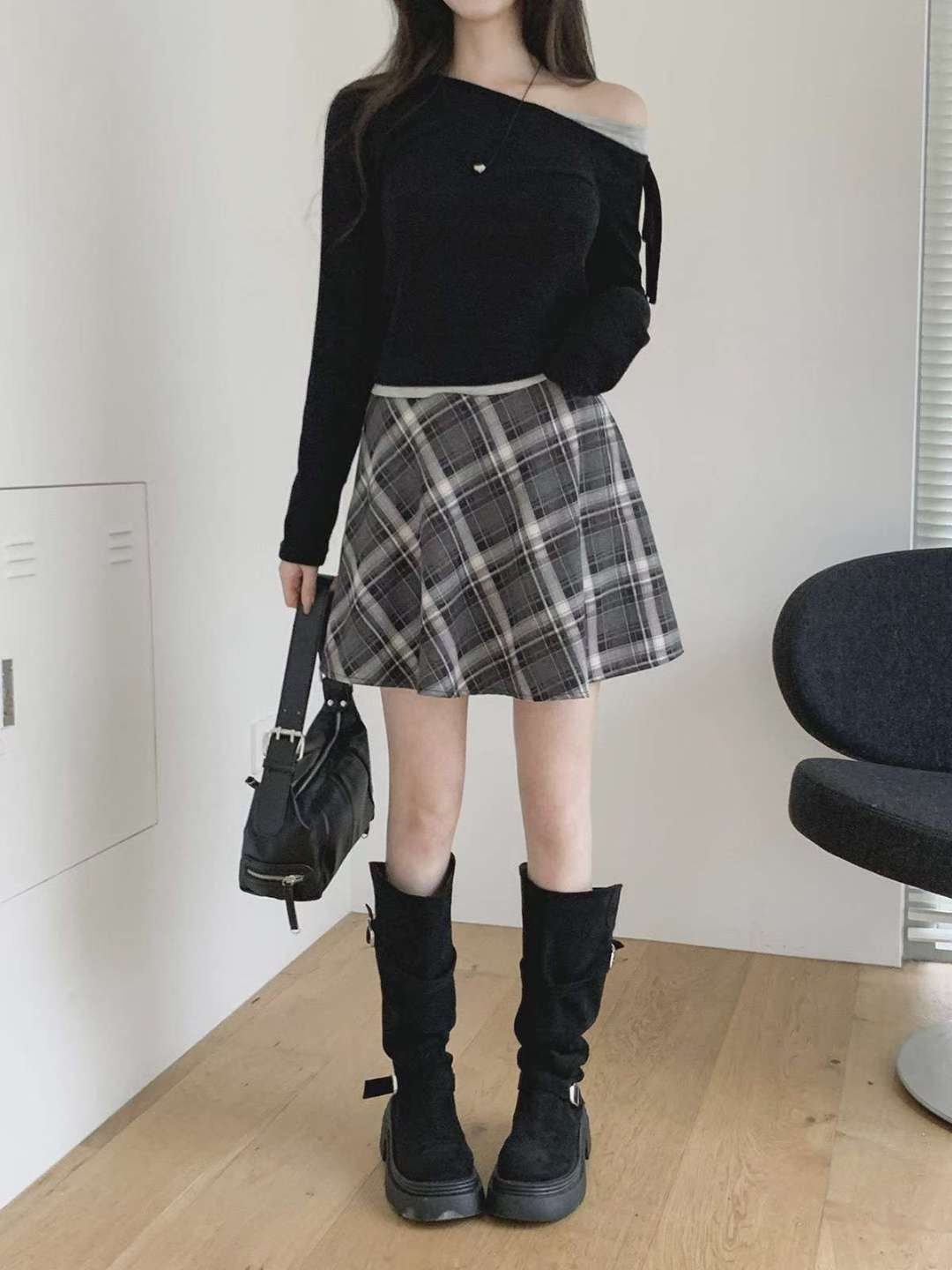 KR直送．半橡筋拉鏈格仔假裙褲 2色入 1W91114