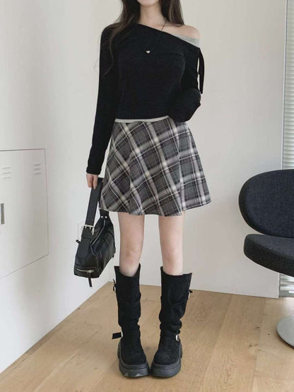 KR直送．半橡筋拉鏈格仔假裙褲 2色入 1W91114