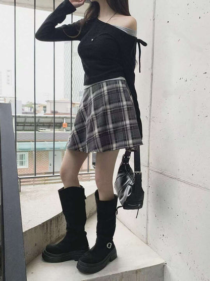 KR直送．半橡筋拉鏈格仔假裙褲 2色入 1W91114