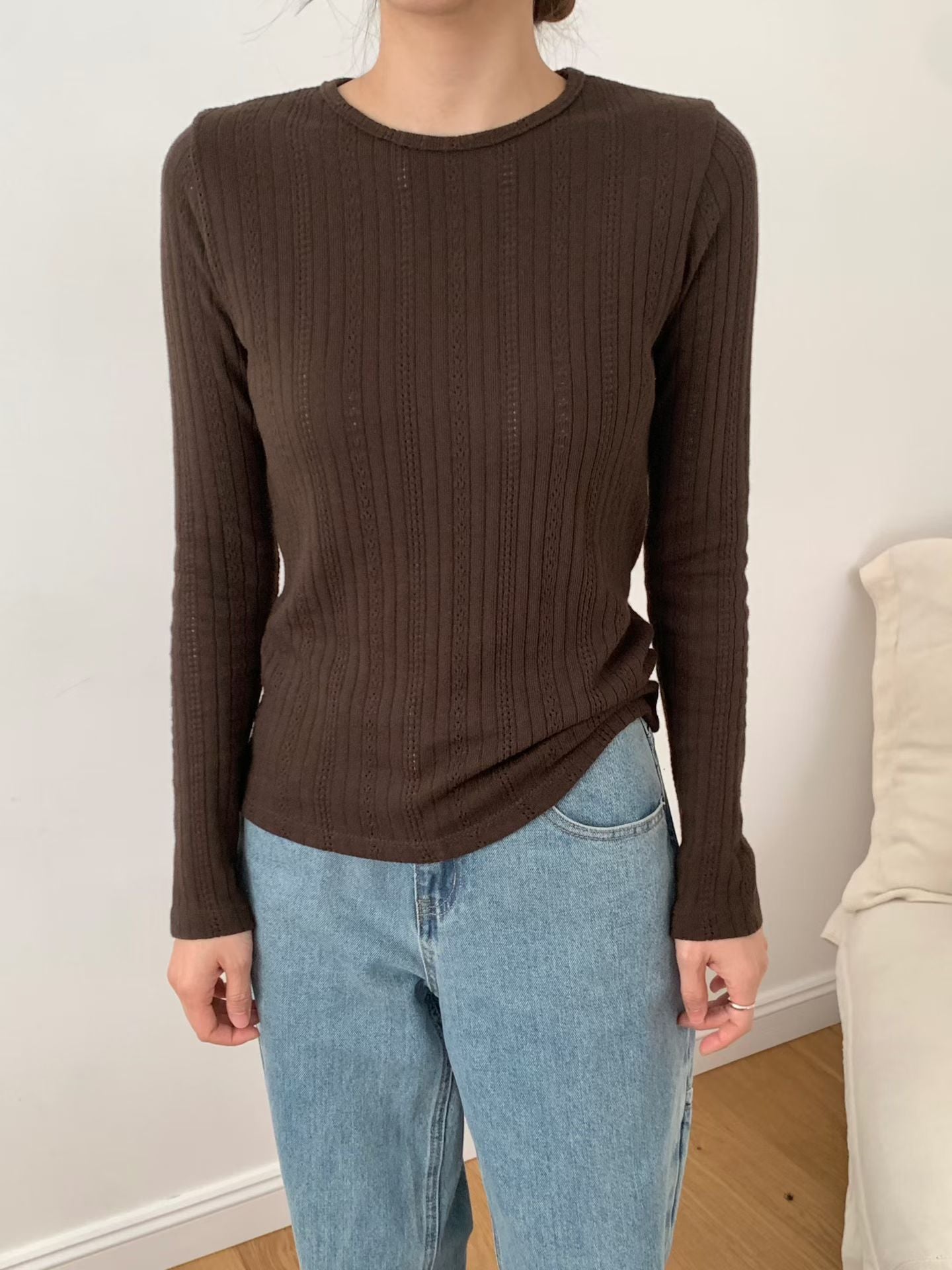 KR直送．提花暗織紋線衫長袖 2色入 1W91109