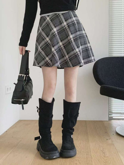KR直送．半橡筋拉鏈格仔假裙褲 2色入 1W91114