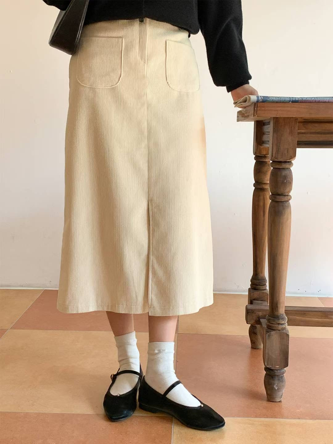 KR直送．燈芯絨前開差半身裙 2色入1W91115