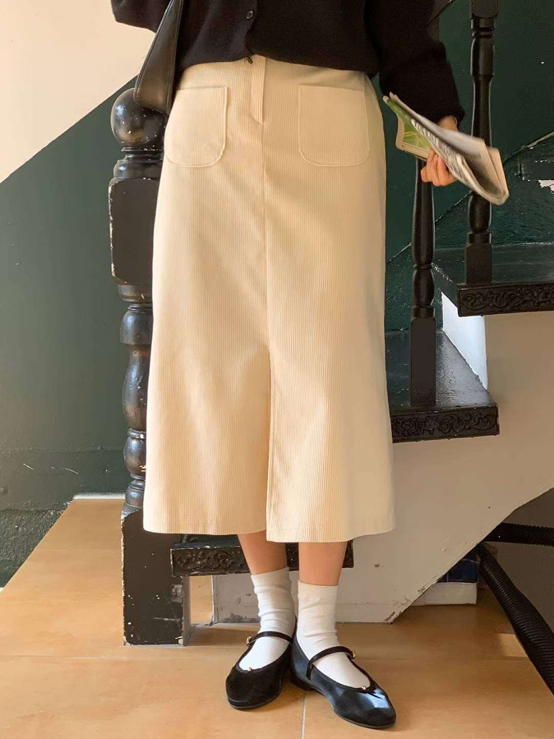 KR直送．燈芯絨前開差半身裙 2色入1W91115