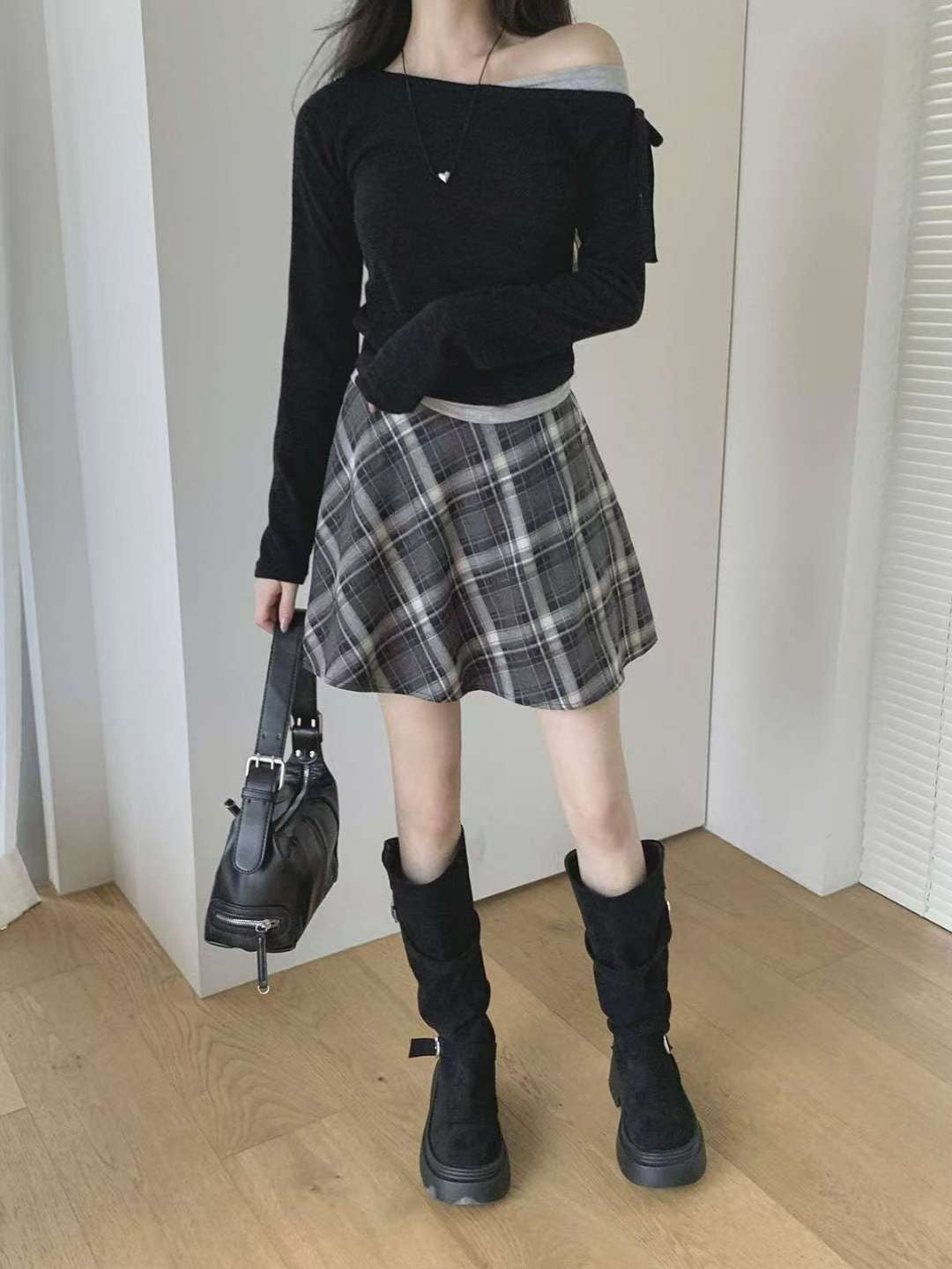 KR直送．半橡筋拉鏈格仔假裙褲 2色入 1W91114