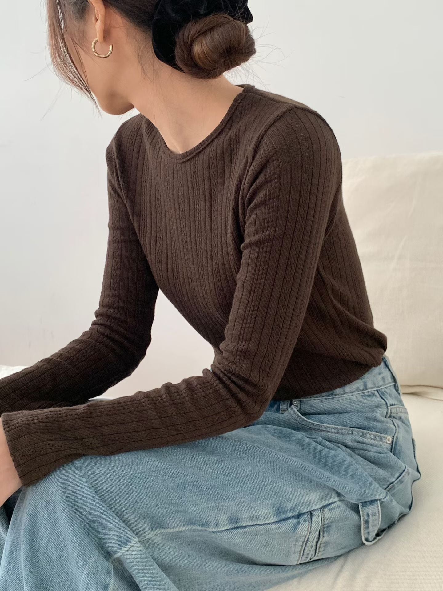 KR直送．提花暗織紋線衫長袖 2色入 1W91109