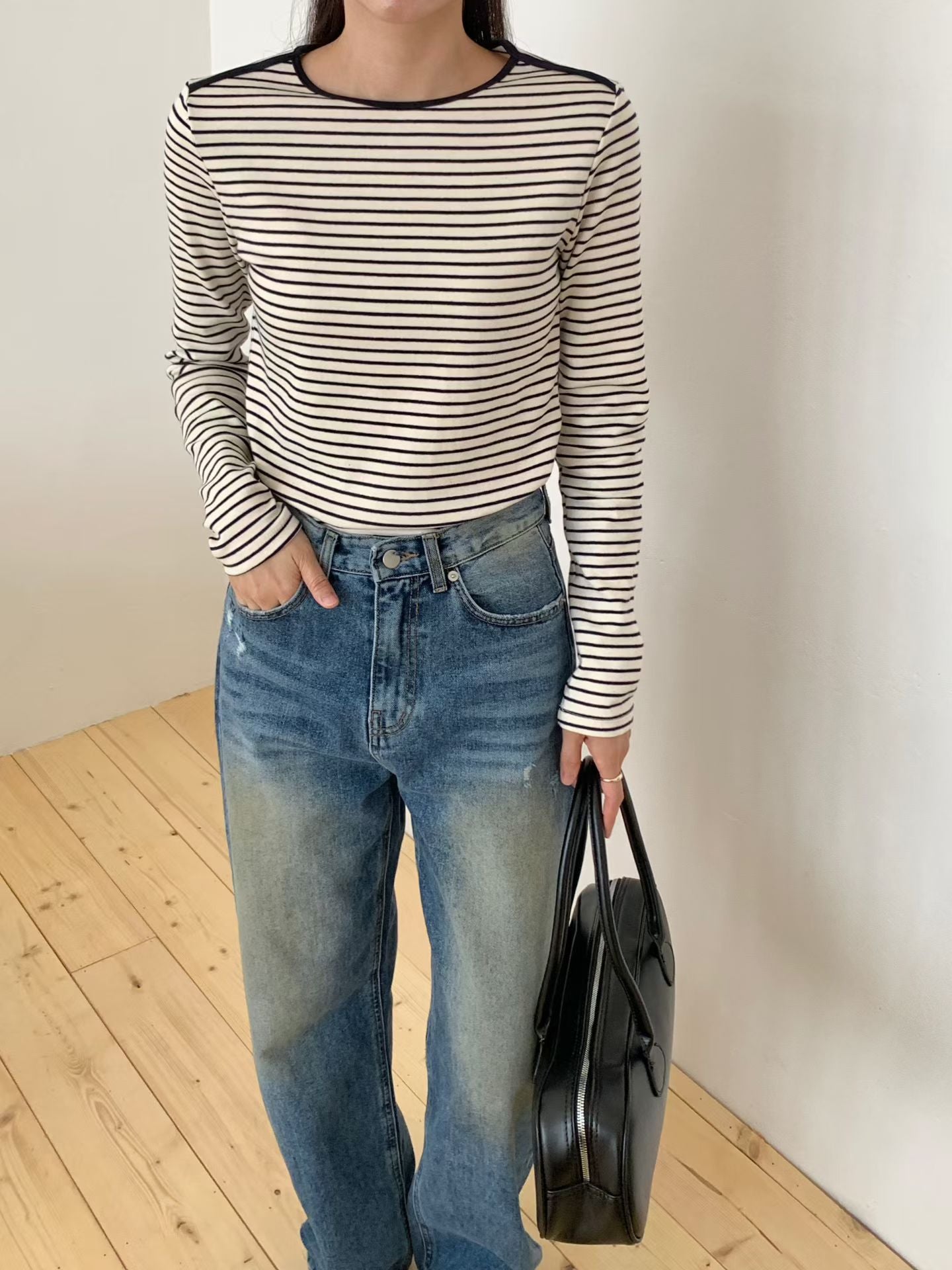 KR直送．包邊厚棉橫間長袖衫 2色入 1W91110