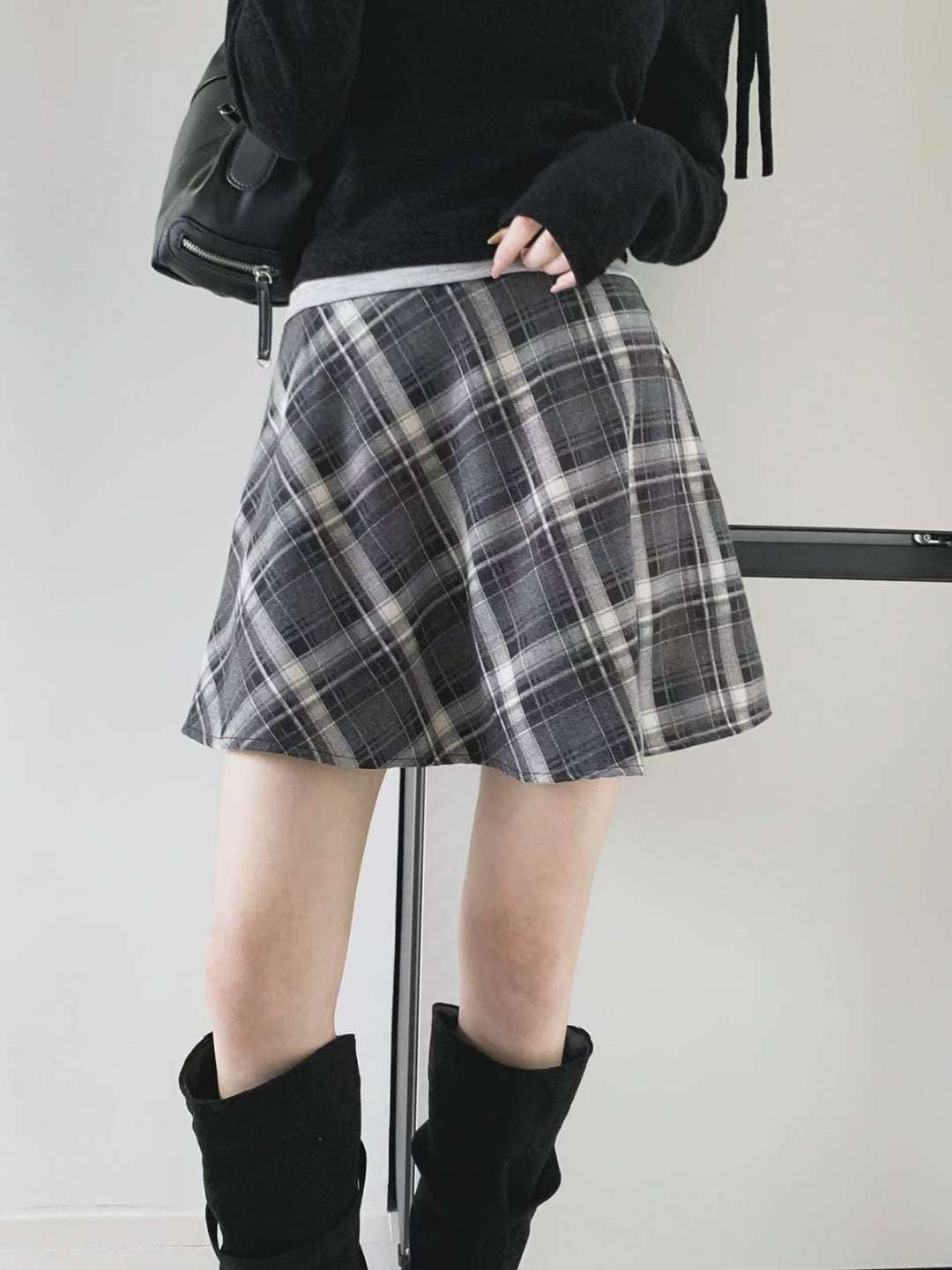 KR直送．半橡筋拉鏈格仔假裙褲 2色入 1W91114