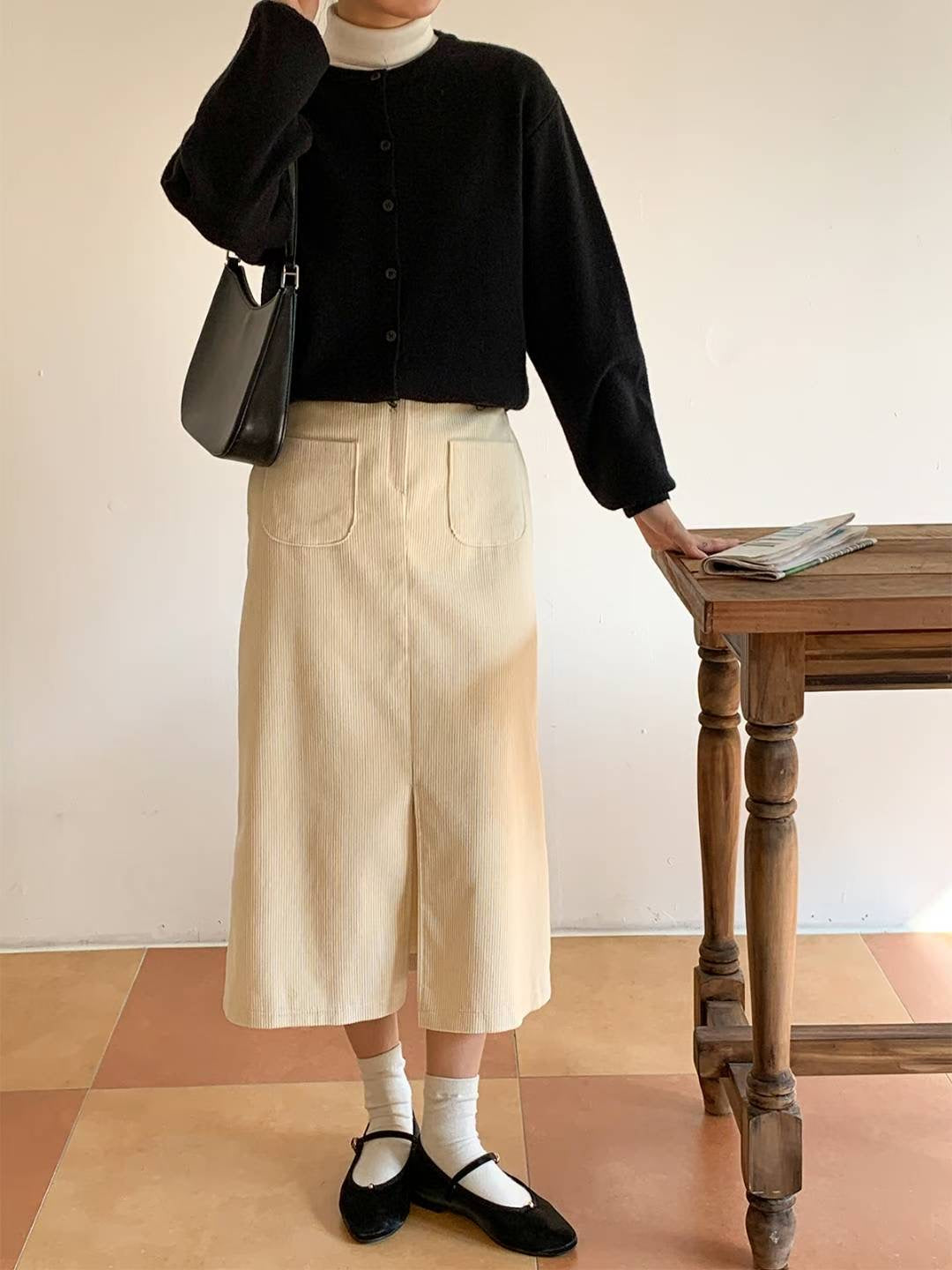 KR直送．燈芯絨前開差半身裙 2色入1W91115