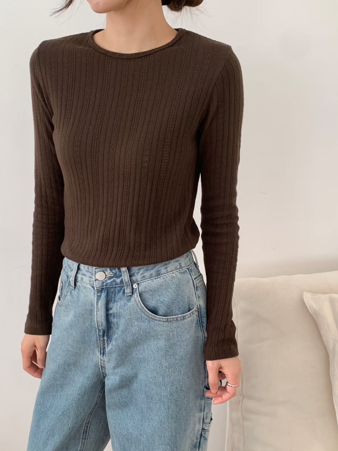 KR直送．提花暗織紋線衫長袖 2色入 1W91109