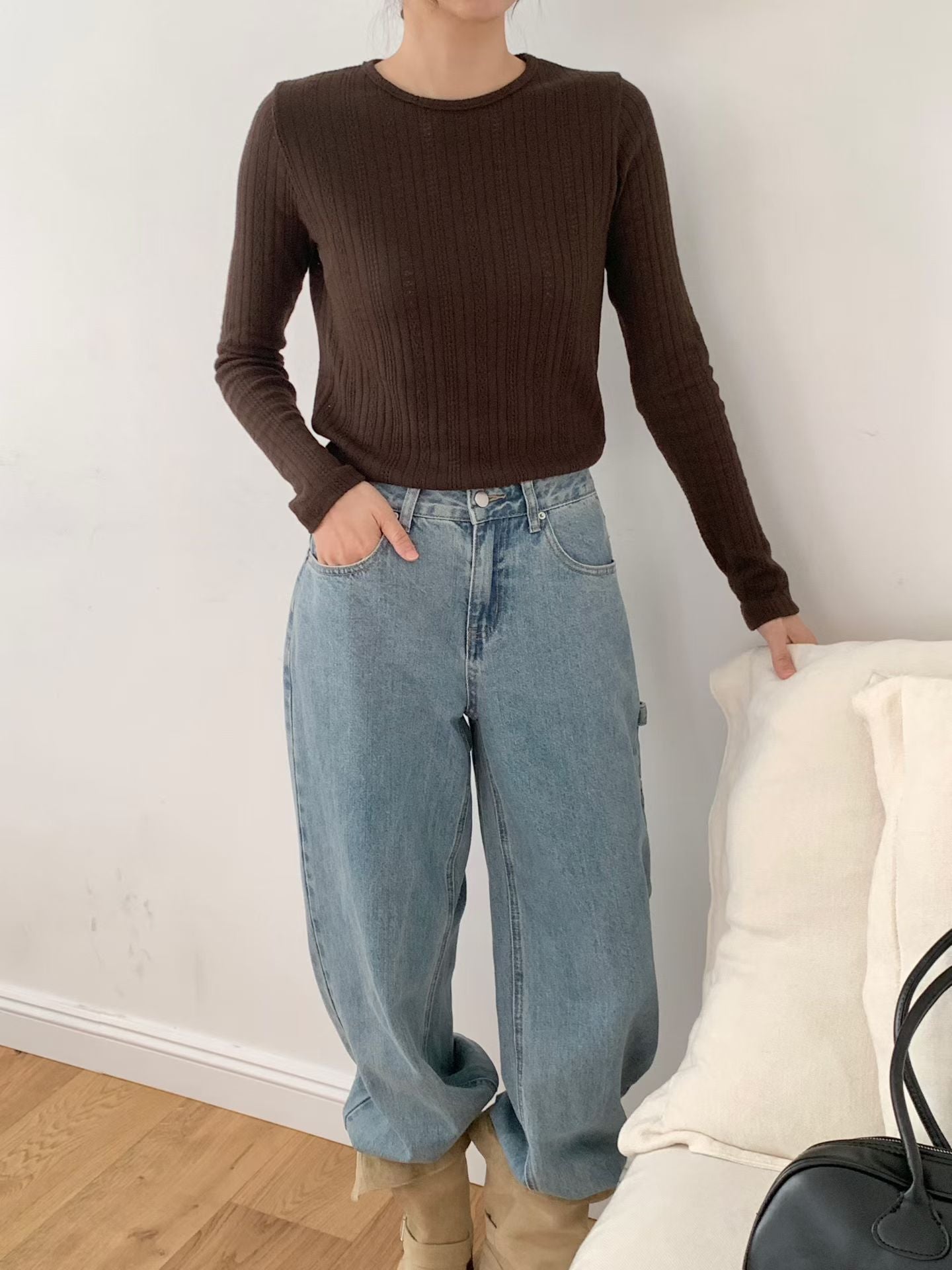 KR直送．提花暗織紋線衫長袖 2色入 1W91109