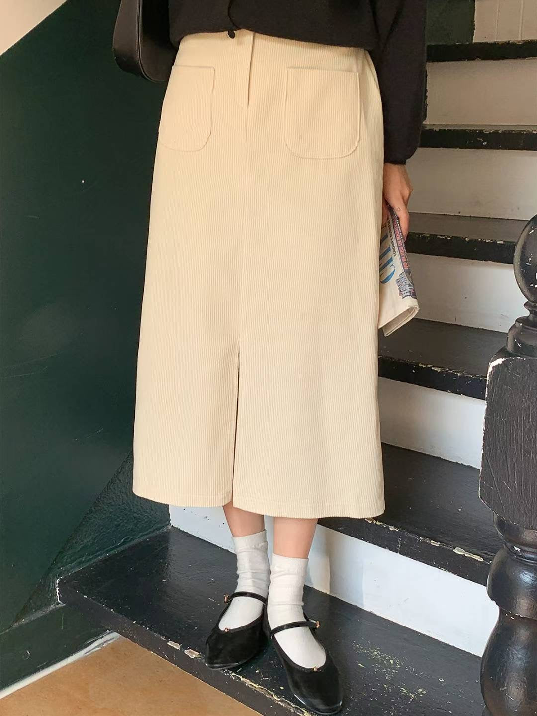 KR直送．燈芯絨前開差半身裙 2色入1W91115