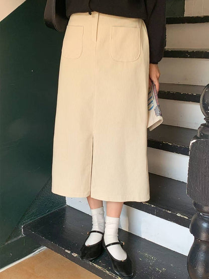 KR直送．燈芯絨前開差半身裙 2色入1W91115