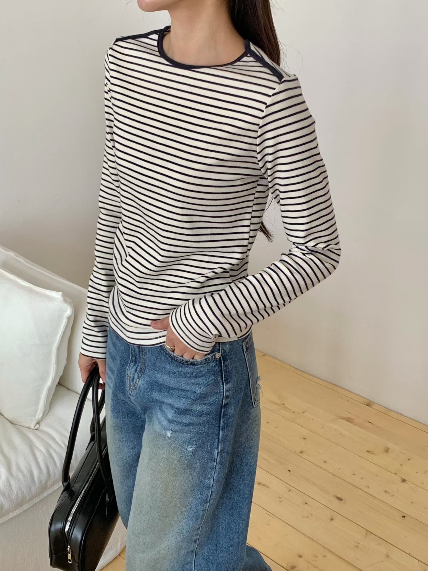 KR直送．包邊厚棉橫間長袖衫 2色入 1W91110