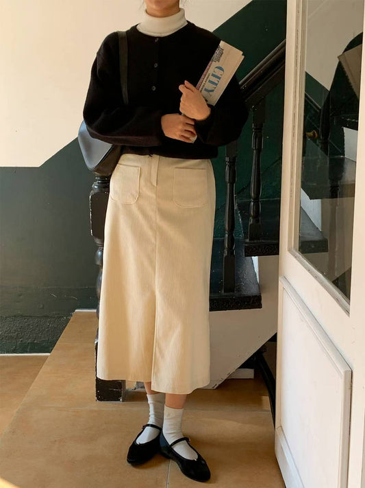 KR直送．燈芯絨前開差半身裙 2色入1W91115