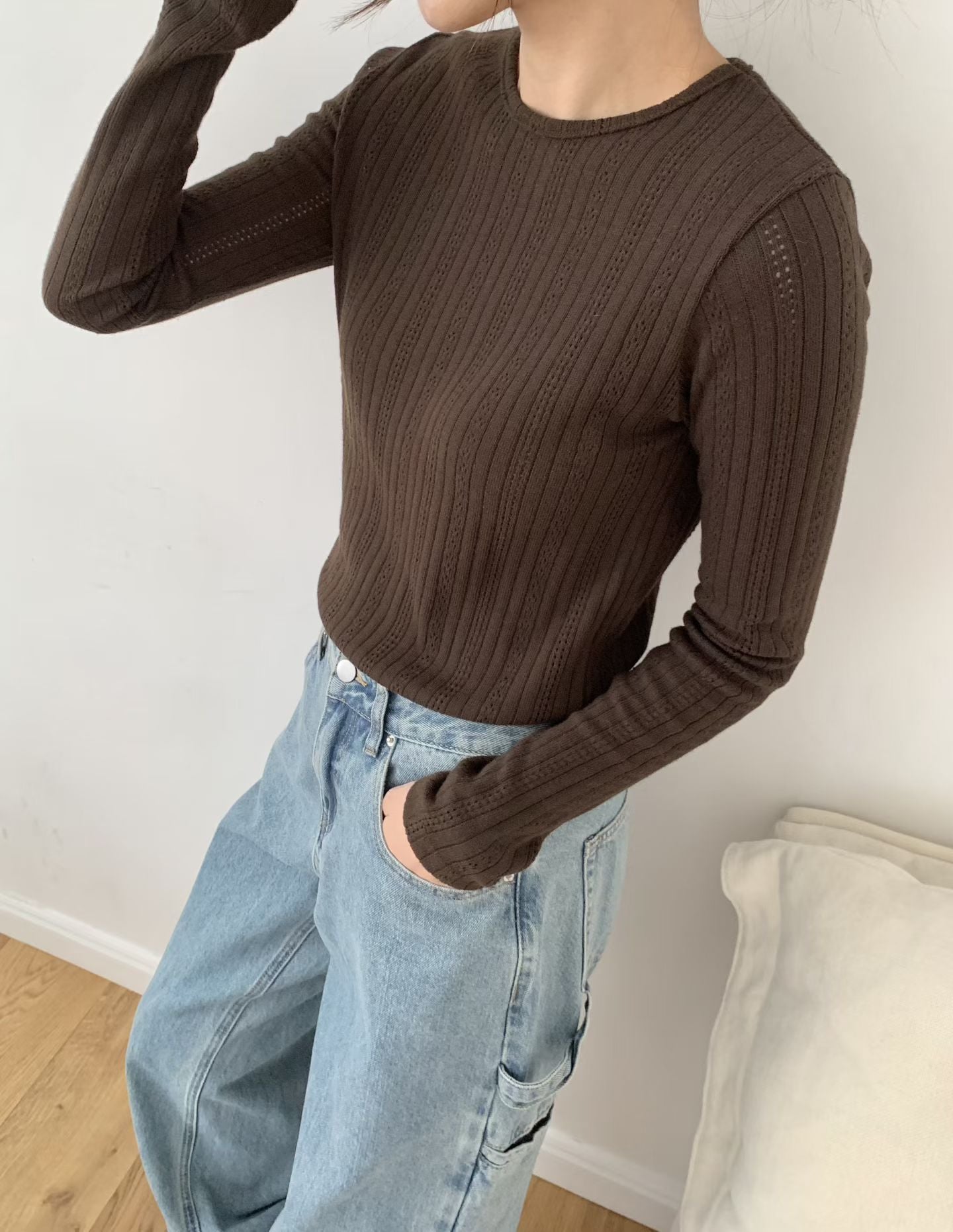 KR直送．提花暗織紋線衫長袖 2色入 1W91109