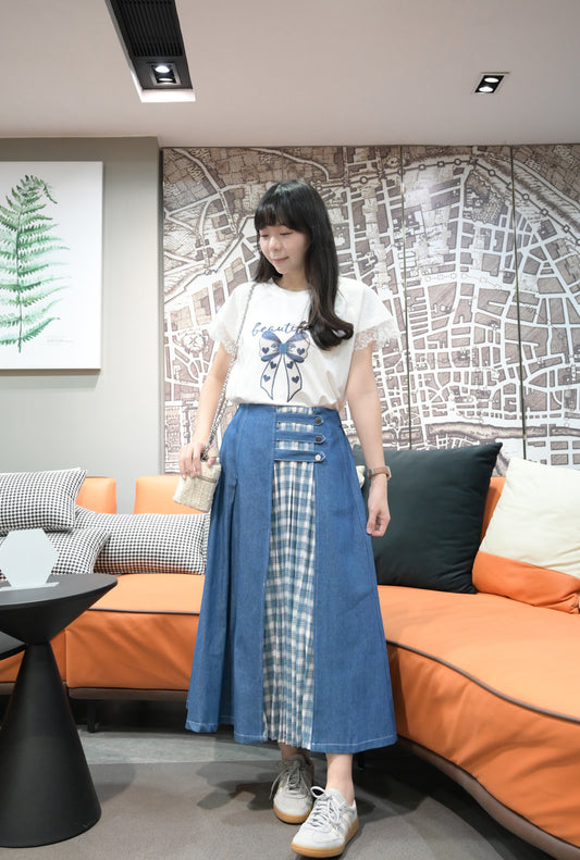 春夏・格仔拼薄牛仔半身裙 1色入 1S20225