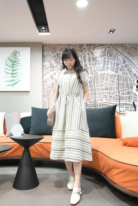 夏季・通花拼免熨棉麻料連身裙 2色入 1S20322