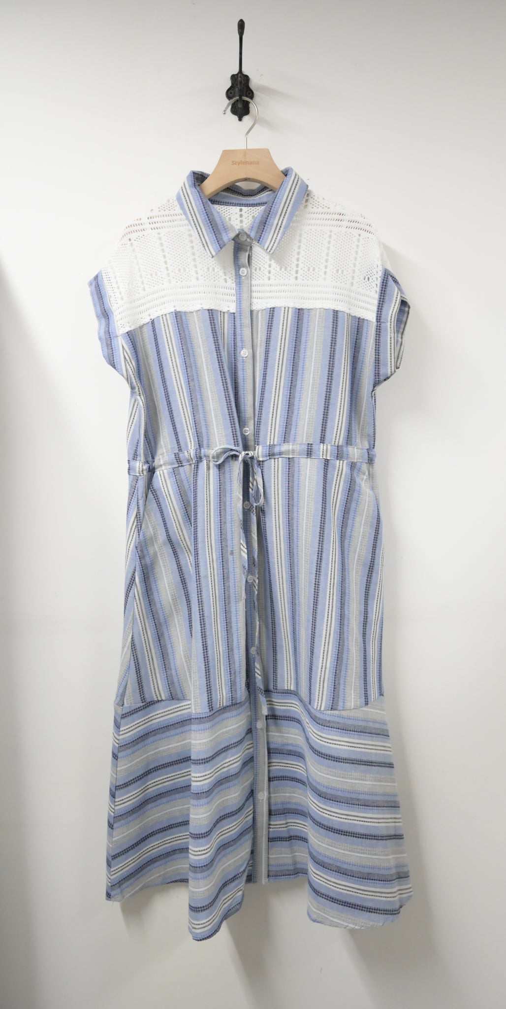 夏季・通花拼免熨棉麻料連身裙 2色入 1S20322