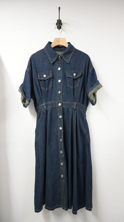 夏季・修腰反袖薄牛仔連身裙 2色入 1S60414