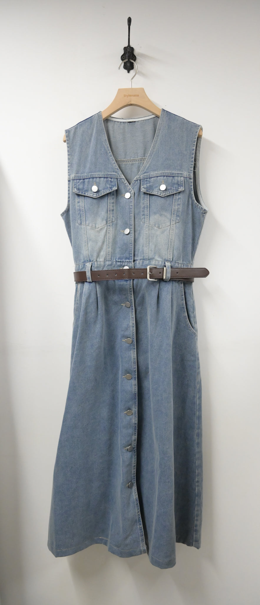 夏季・無袖明線牛仔跟Belt連身裙 2色入 1S60513