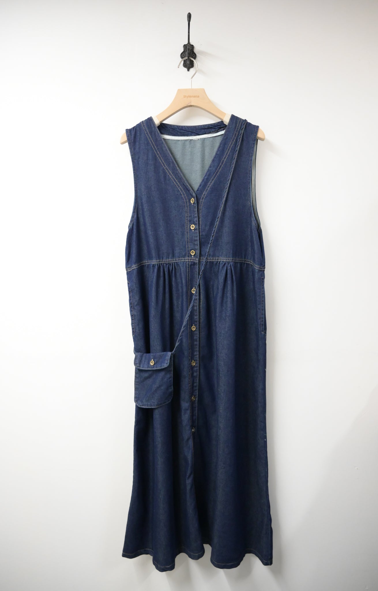 薄牛仔無袖連身裙配斜袋仔 2色入 S60506