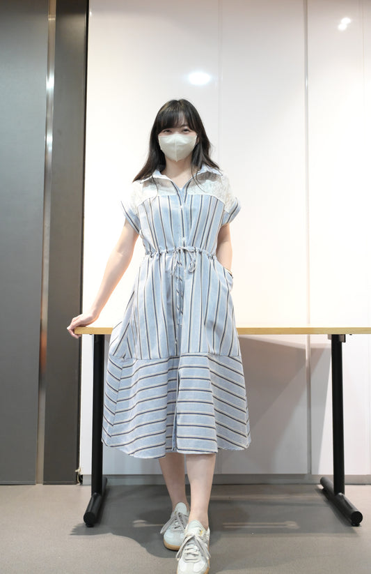 免熨棉麻料拼通花條紋反領連身裙 2色入 S20510
