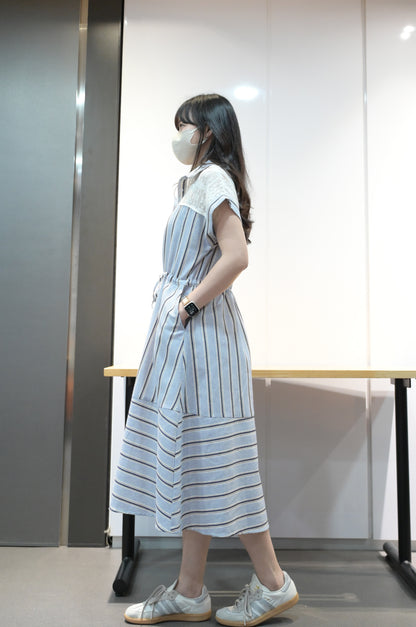 免熨棉麻料拼通花條紋反領連身裙 2色入 S20510
