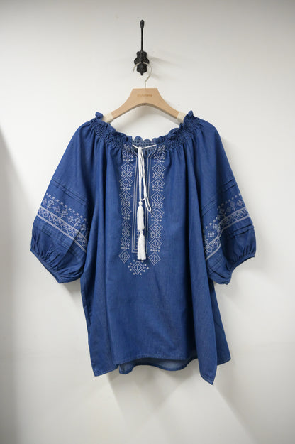 夏季・刺繡薄牛仔中袖上衣 2色入 1S60709