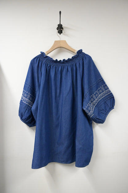 夏季・刺繡薄牛仔中袖上衣 2色入 1S60709