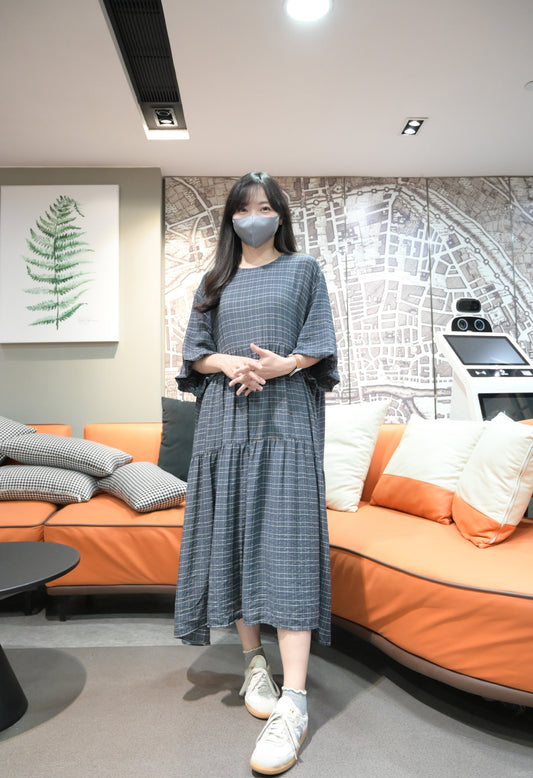 日系格紋泡泡袖Oversized連身裙 2色入 S10613