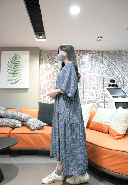 日系格紋泡泡袖Oversized連身裙 2色入 S10613
