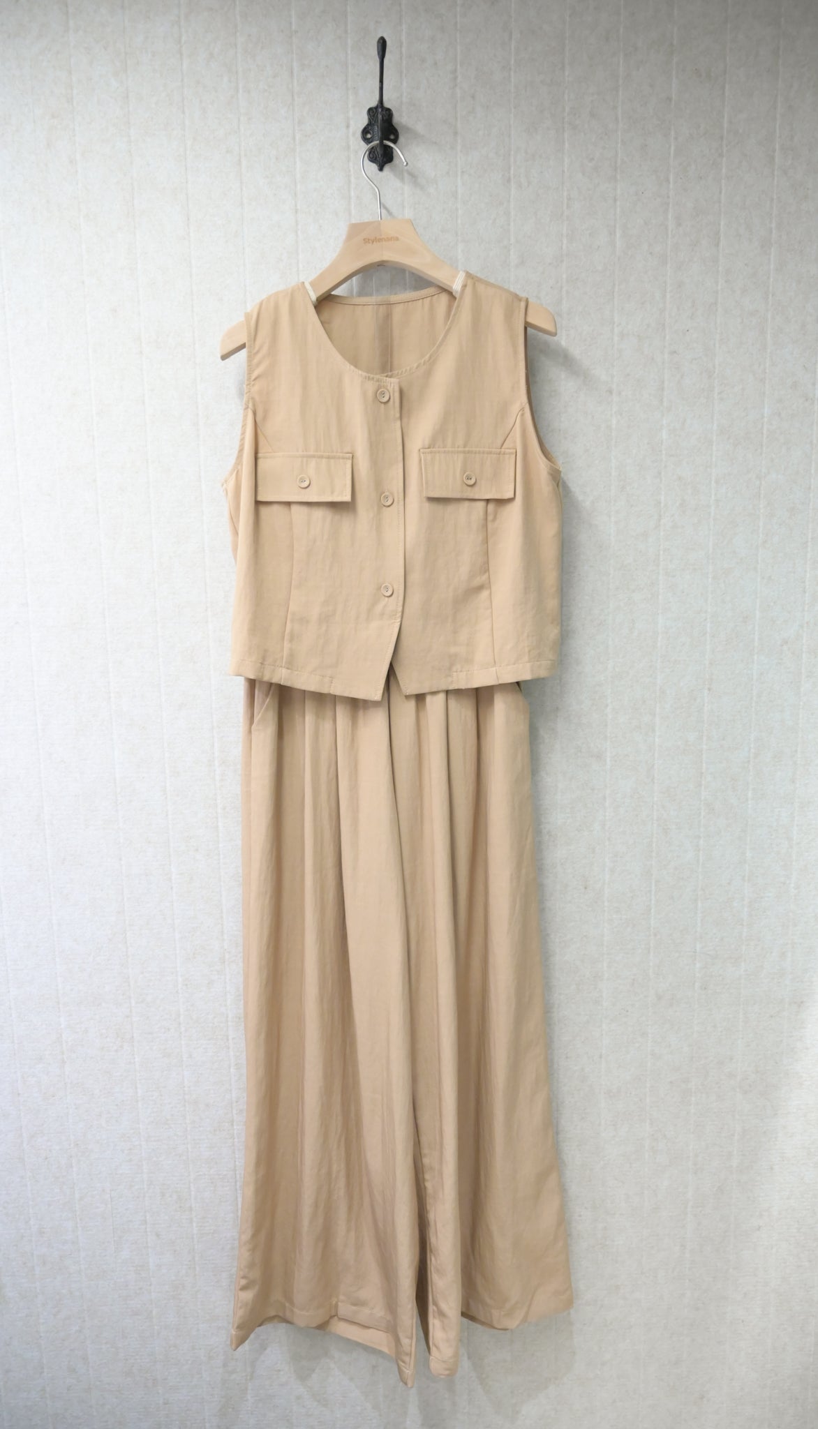 夏季・布包鈕馬甲長褲套裝 2色入 1S00828
