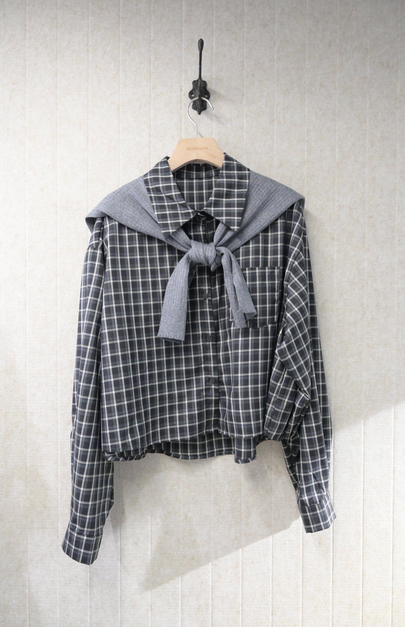初秋・寬鬆格仔恤衫配披肩 2色入 1S60911