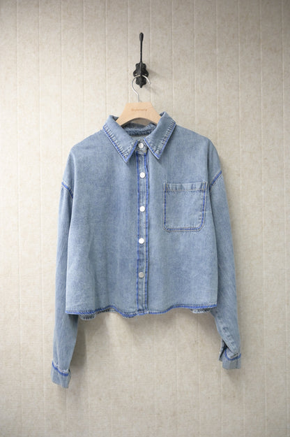 初秋・洗水寬鬆Cropped牛仔恤衫 2色入 1S60927