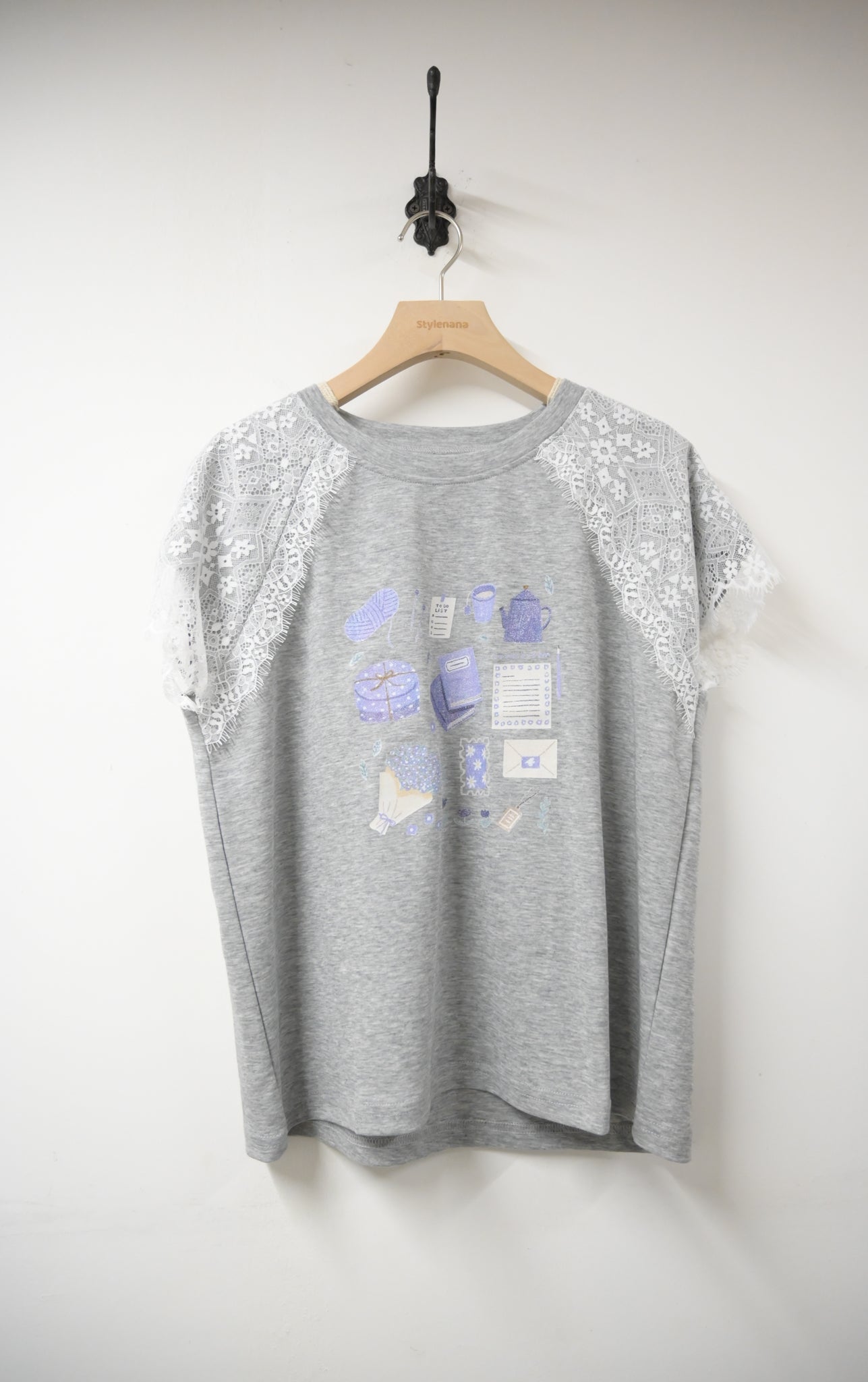清新Lace袖Print 上衣 2色人 S20803