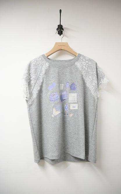 清新Lace袖Print 上衣 2色人 S20803