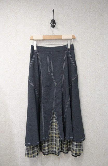 初秋・滑滑防牛仔拼格仔半身裙 2色入 2W21014
